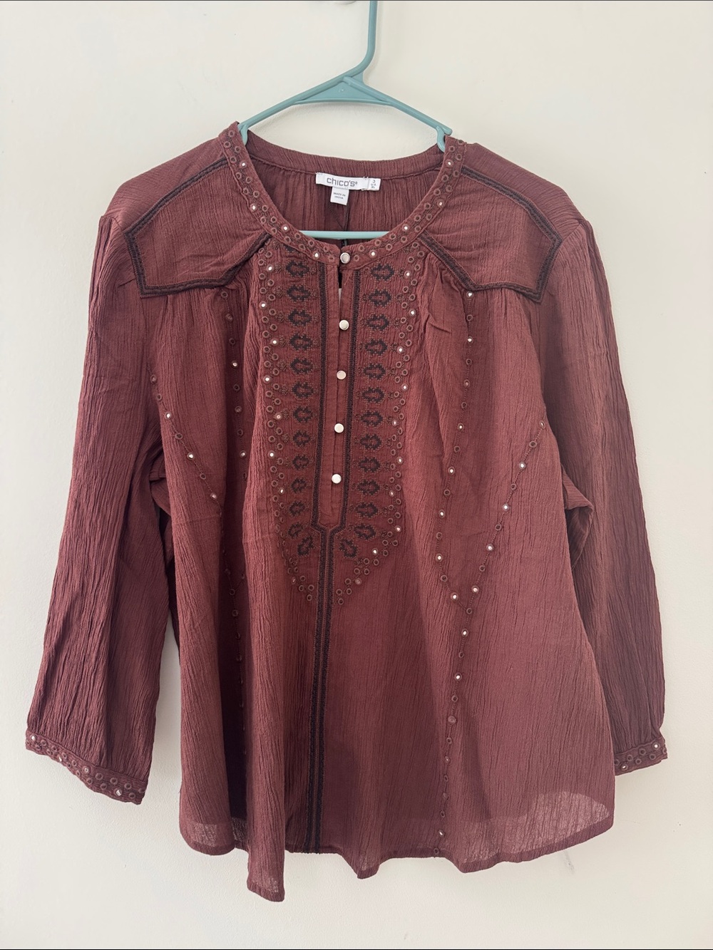 Chico's Burnt Sienna Embroidered Peasant Tunic Sz 3